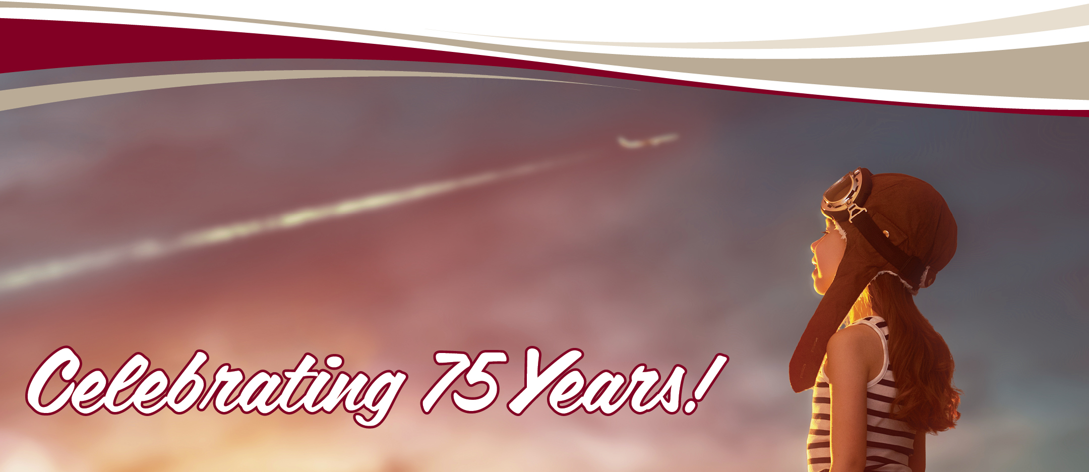 Image of a girl looking at a plane in the sky and saying Celebrating 75 years